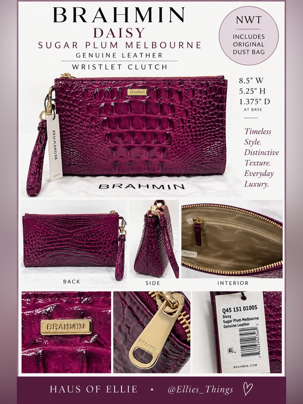 Brahmin Daisy Sugar Plum Melbourne Leather Wristlet NWT